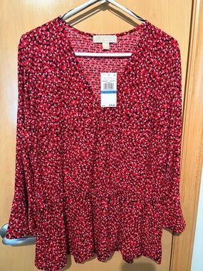 Michael Kors Red/Pink/Black Heart Print Peplum Top NWT Women’s Size XL